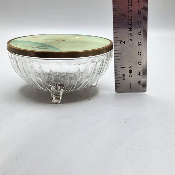 Antique 3 Jar Dresser Vanity Set Celluloid Green Floral 2 Powder Puffs - Picture 8 of 16